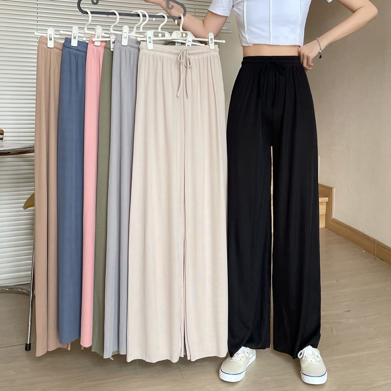 High-Waist Wide-Leg Summer Drawstring Pants - Image 1