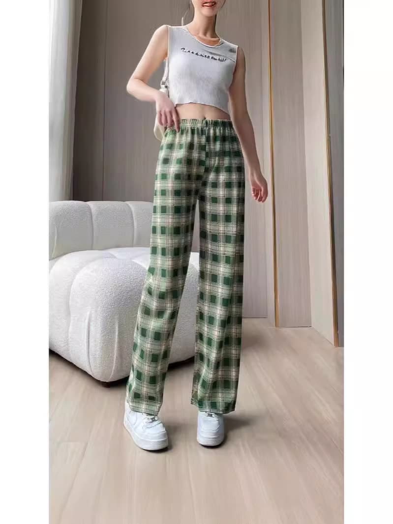Women's Plaid Wide-Leg Pants – Trendy Korean Style 2024, Casual Slim-Look Wide Pants, Comfortable and Perfect for Spring & Summer, Ideal for Petite Women 👖 thumbnail 2
