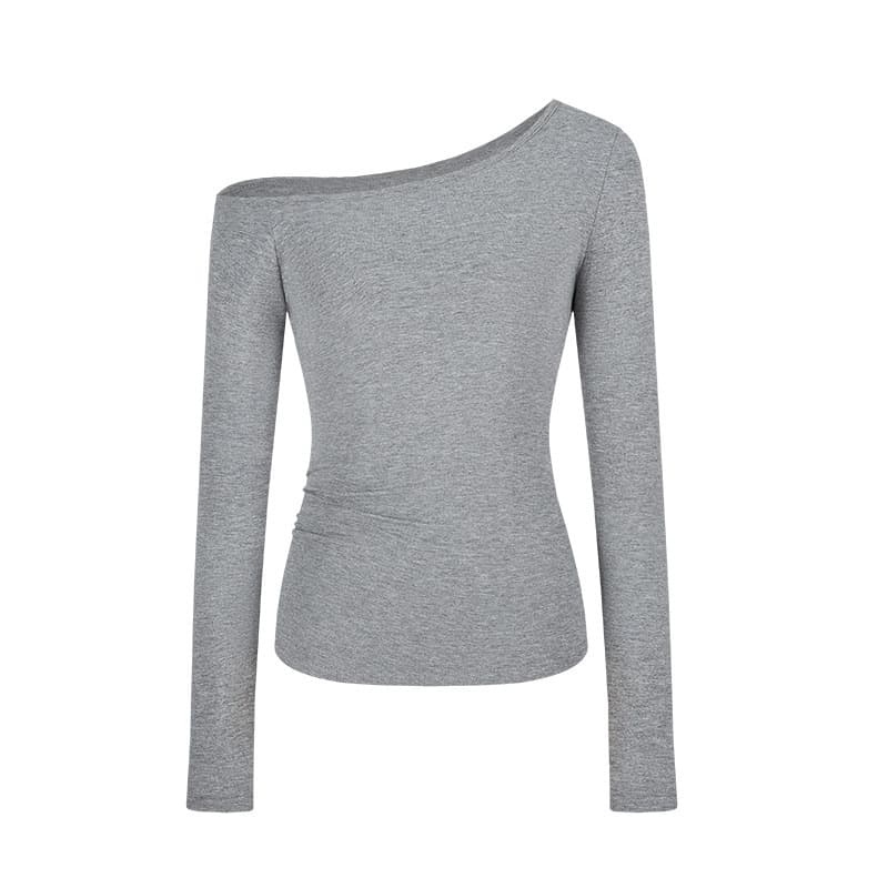 Women’s Slim Fit Long Sleeve T-Shirt with Asymmetric Neck and Ruched Waist, Trendy Sexy Style – Early Autumn 2025 thumbnail 2