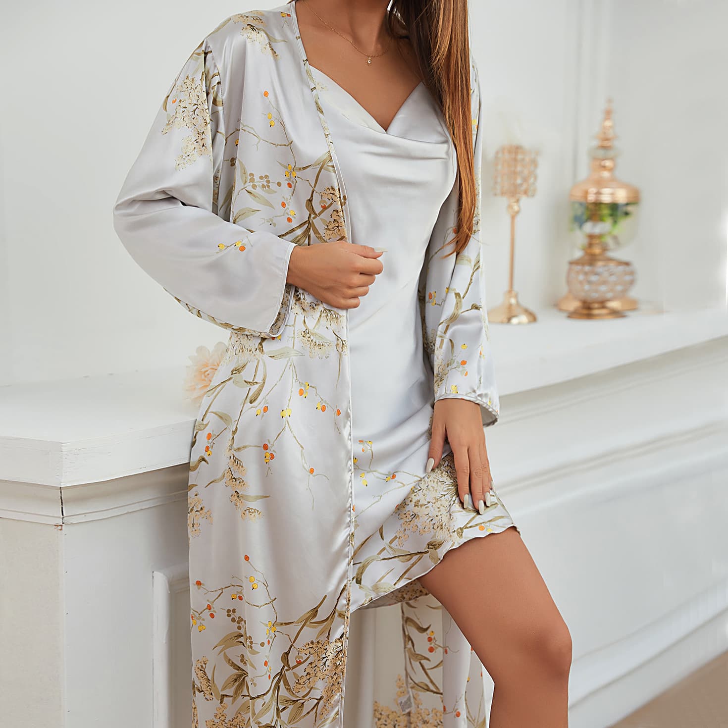 Women’s Two-Piece Sleepwear Set – Spaghetti Strap Nightdress with Tie Robe, Lightweight Mid-Length Home Lounge Pajama Set for All Seasons thumbnail 3