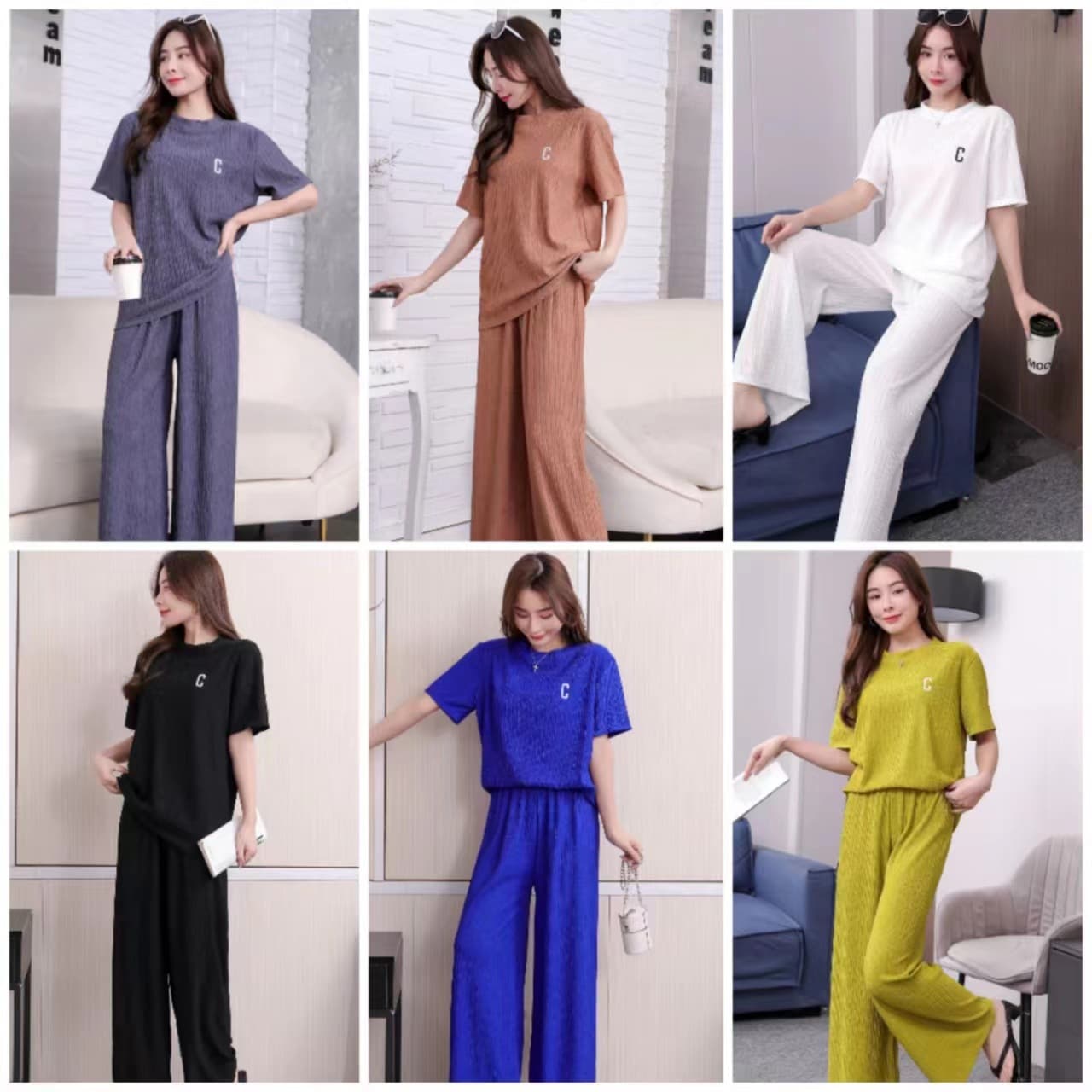 Trendy Southeast Asia Women’s Two-Piece Set – Embroidered Pleated Short Sleeve Top with Long Pants Summer Homewear Outfit - Image 1