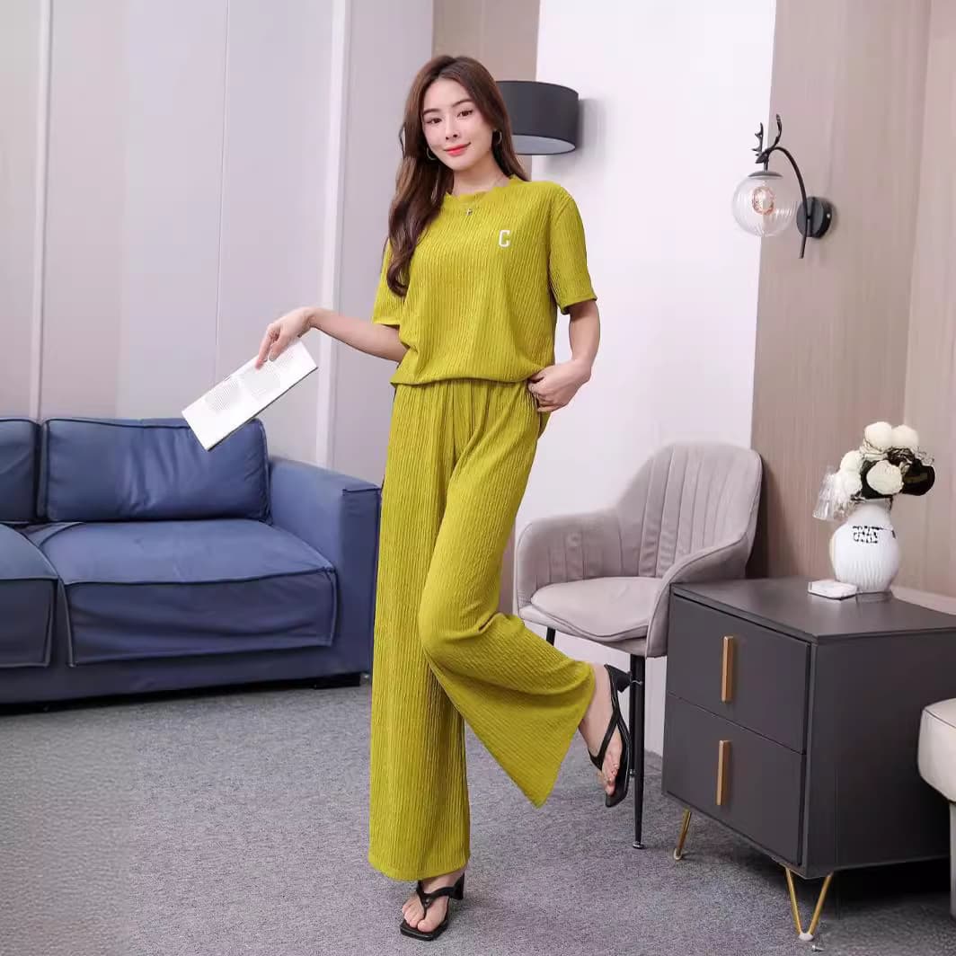 Trendy Southeast Asia Women’s Two-Piece Set – Embroidered Pleated Short Sleeve Top with Long Pants Summer Homewear Outfit thumbnail 2
