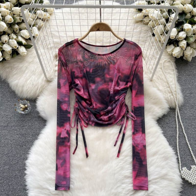 Vintage Unique Design Tie-Dye Mesh Drawstring Round Neck T-Shirt – Women’s Summer Slim Fit Long Sleeve Chiffon Top 👚✨ thumbnail 2