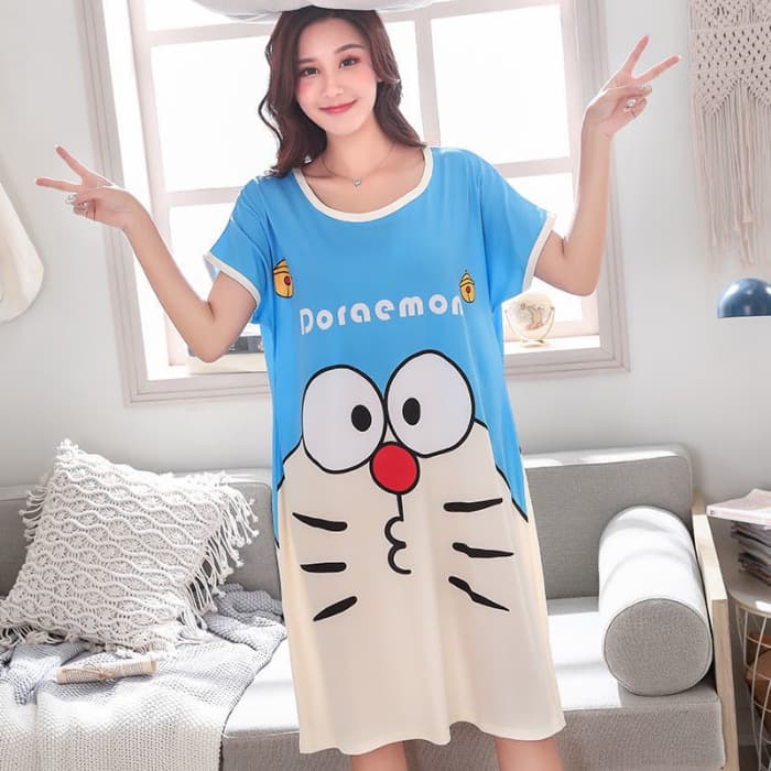Women’s Milk Silk Pajama – Summer Short Sleeve Nightgown, Loose Plus Size Cute Cartoon Home Sleepwear - Image 1