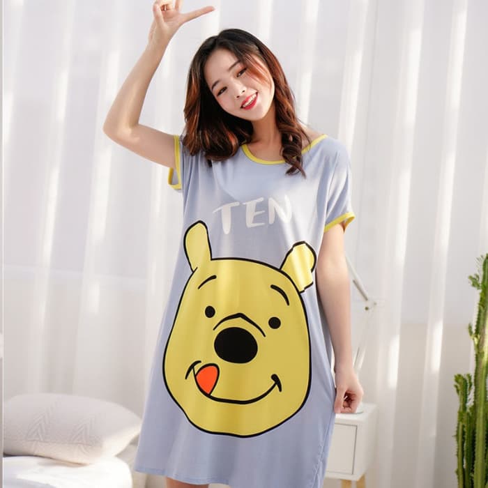 Women’s Milk Silk Pajama – Summer Short Sleeve Nightgown, Loose Plus Size Cute Cartoon Home Sleepwear thumbnail 2