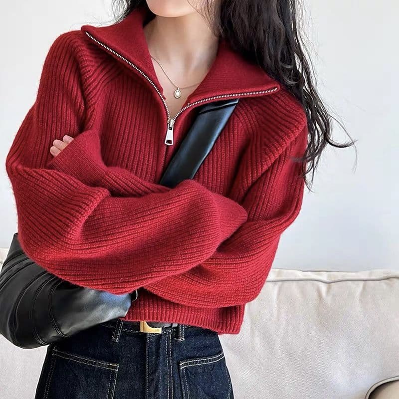 Women’s Multi-Color Half-Zip Stand Collar Sweater, Autumn/Winter 2026New Korean Style Loose Lazy Knit Top with Turn-Down Collar - Image 1