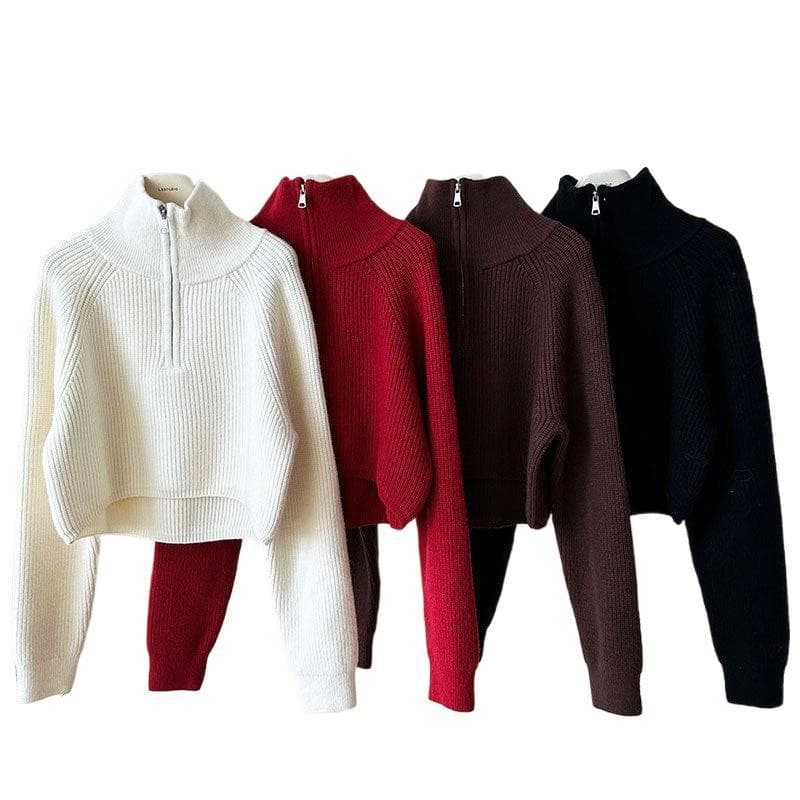 Women’s Multi-Color Half-Zip Stand Collar Sweater, Autumn/Winter 2026New Korean Style Loose Lazy Knit Top with Turn-Down Collar thumbnail 3