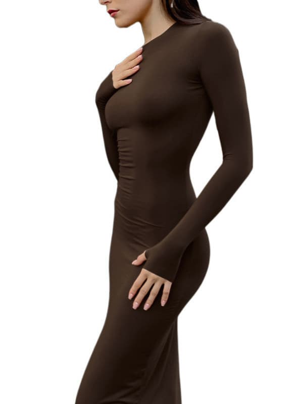 Women's Slim Fit Bodycon Long Dress with Thumb Hole – Solid Color, Crew Neck, Long Sleeve, Trendy European & American Style for Chic Streetwear Looks - Image 1