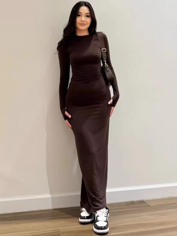 Women's Slim Fit Bodycon Long Dress with Thumb Hole – Solid Color, Crew Neck, Long Sleeve, Trendy European & American Style for Chic Streetwear Looks thumbnail 2