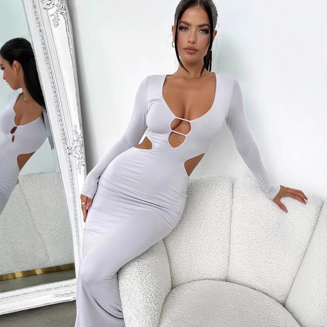 Summer Deep V-Neck Hollow Backless Bodycon Dress – Elegant European & American Style Slim-Fit Sexy Fashion Outfit thumbnail 3