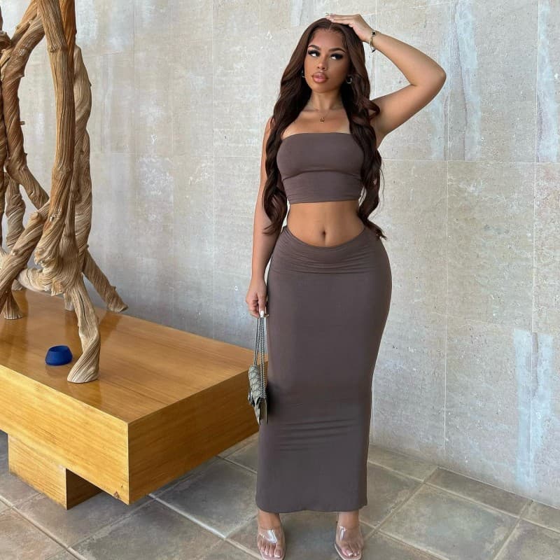 New Summer Women’s European & American Style Solid Color Strapless Sleeveless Top with High-Waist Slim Long Skirt Set thumbnail 3