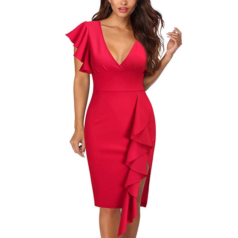 New Spring Summer Elegant Women’s Deep V-Neck Ruffle Sleeve Pencil Dress for Parties & Weddings (Amazon EU/US Style) thumbnail 3