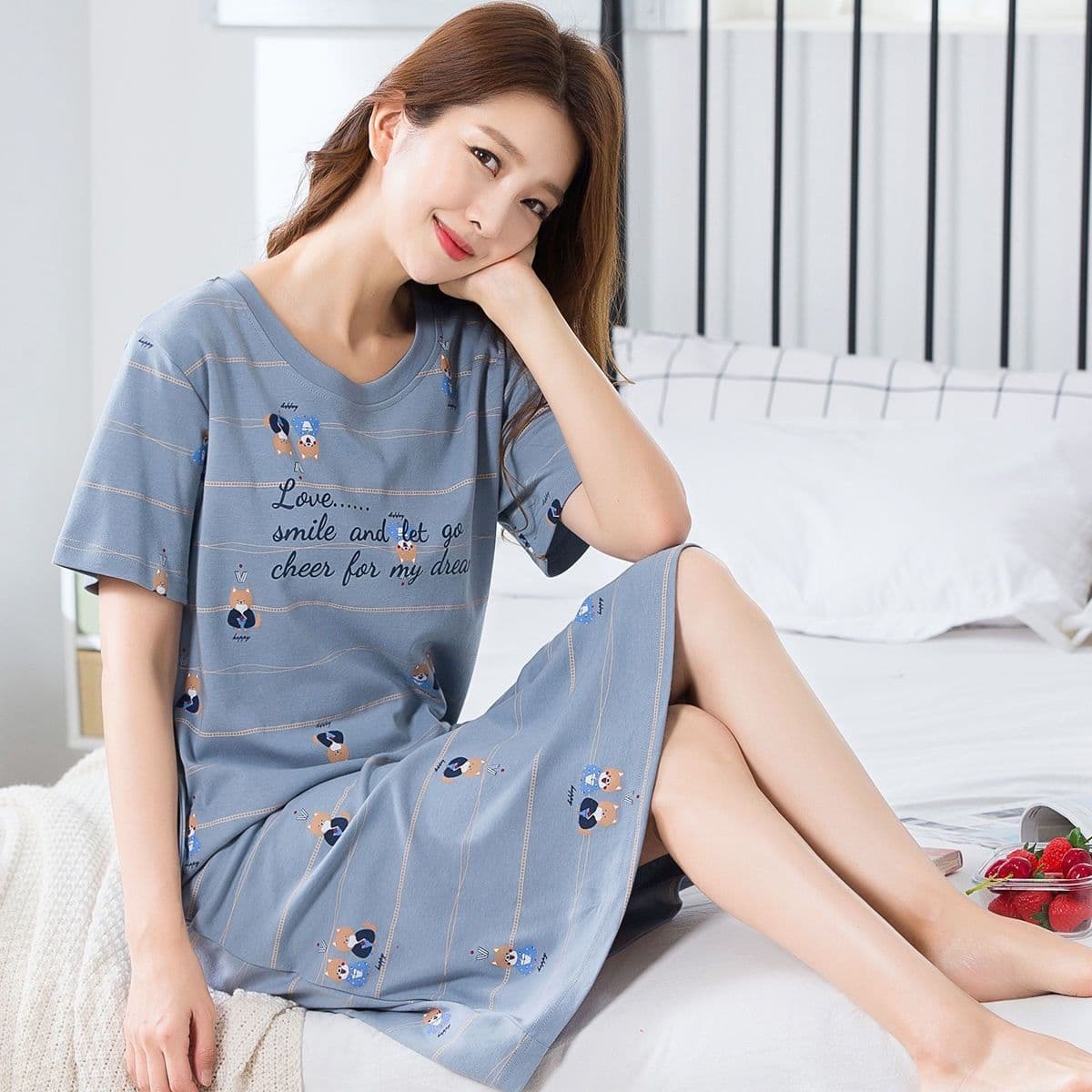 Women’s Summer Cute Nightdress, Korean Style Short Sleeve Mid-Length Sleepwear, Plus Size Homewear thumbnail 2