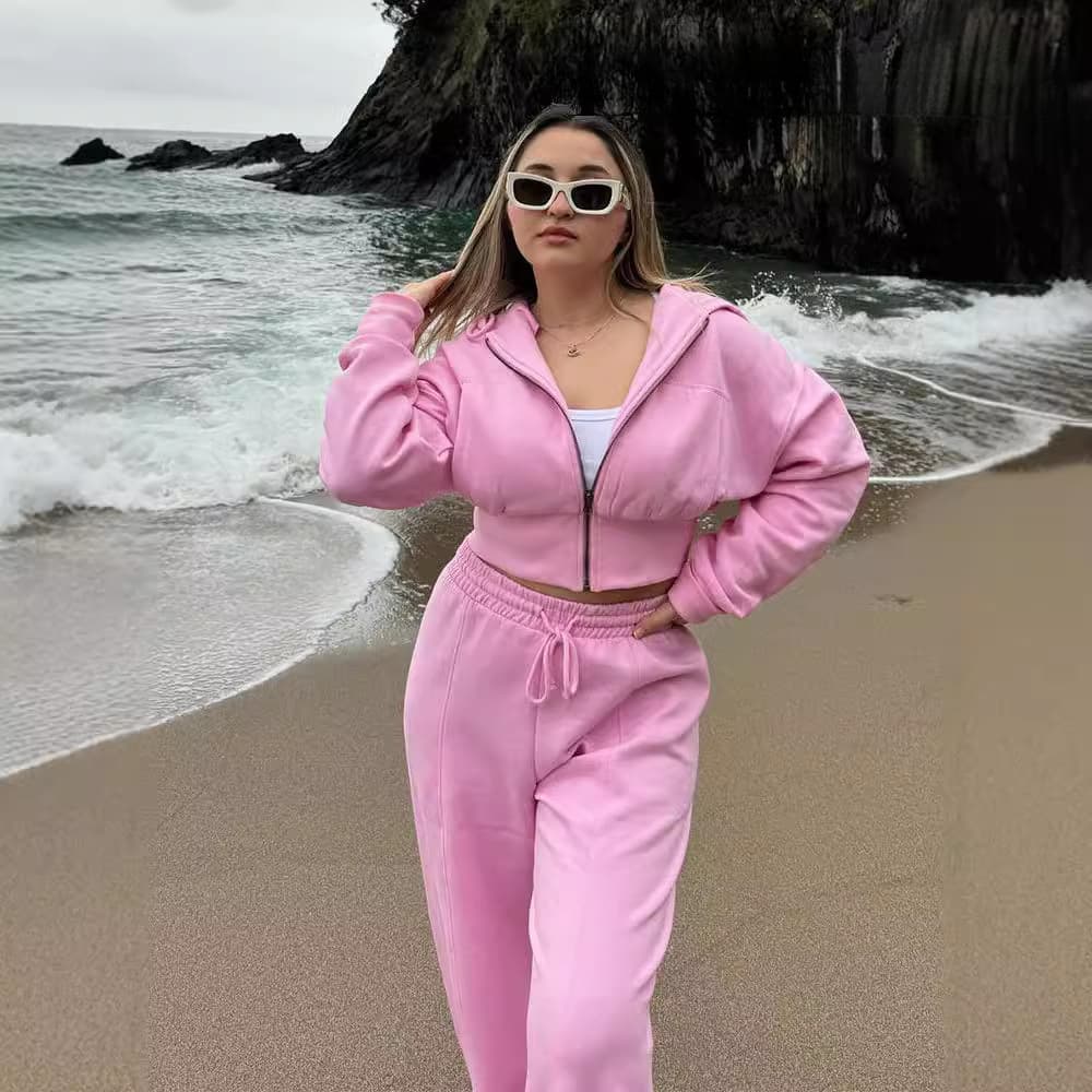 Women's Hooded Tracksuit Set, Long Sleeve Zip-Up Jacket with Pockets, European & American Style Casual Fashion Outfit - Image 1