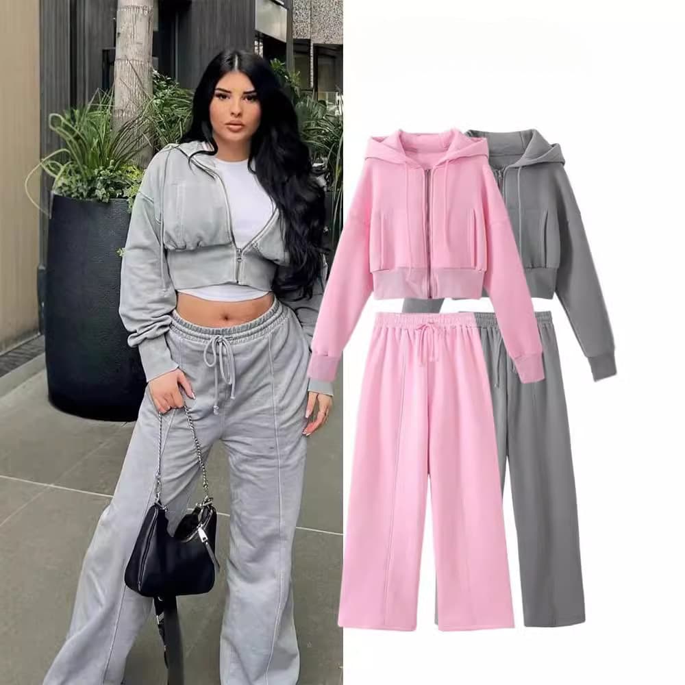 Women's Hooded Tracksuit Set, Long Sleeve Zip-Up Jacket with Pockets, European & American Style Casual Fashion Outfit thumbnail 3