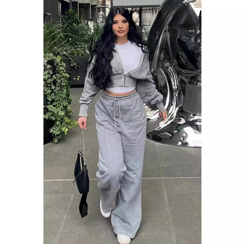 Women's Hooded Tracksuit Set, Long Sleeve Zip-Up Jacket with Pockets, European & American Style Casual Fashion Outfit thumbnail 2