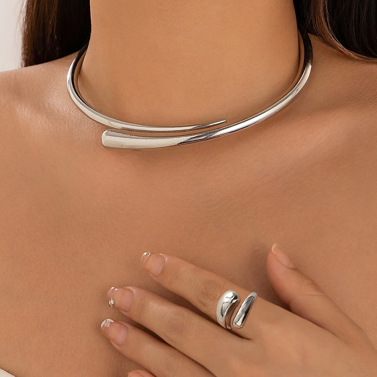 Geometric Metal Shiny Spring Open Cuff Choker Bracelet – Punk Minimalist Necklace for Women thumbnail 3