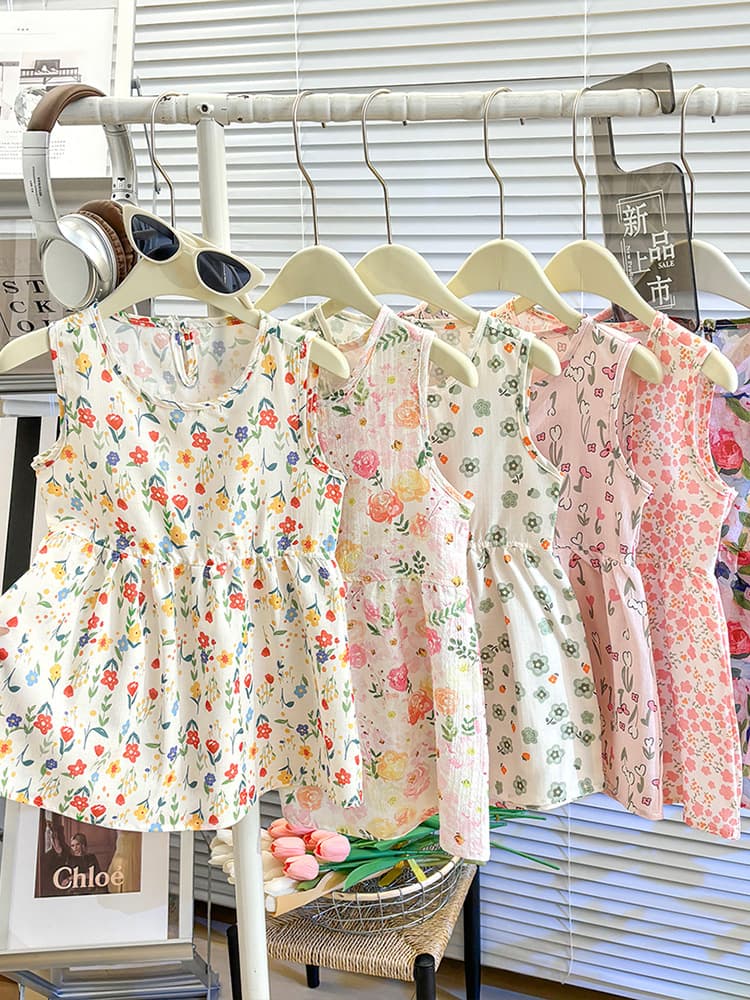 Girls Summer Lightweight Dress, Bubble Cotton Sleeveless Loose Fit, Floral Casual Long Dress for Kids thumbnail 2