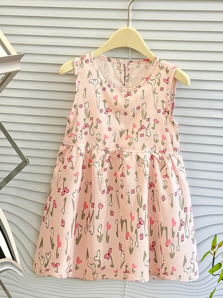 Girls Summer Lightweight Dress, Bubble Cotton Sleeveless Loose Fit, Floral Casual Long Dress for Kids thumbnail 3