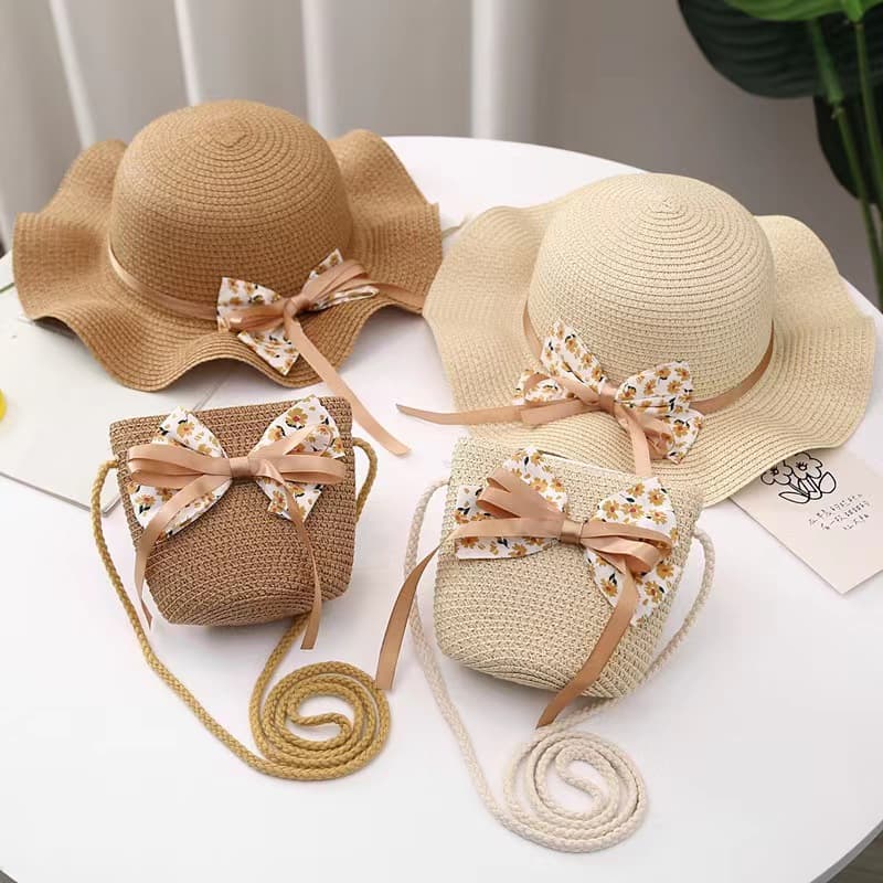 New Summer Kids Set: Straw Sun Hat with Matching Bag, Girls Beach Sun Protection Hat Set thumbnail 2