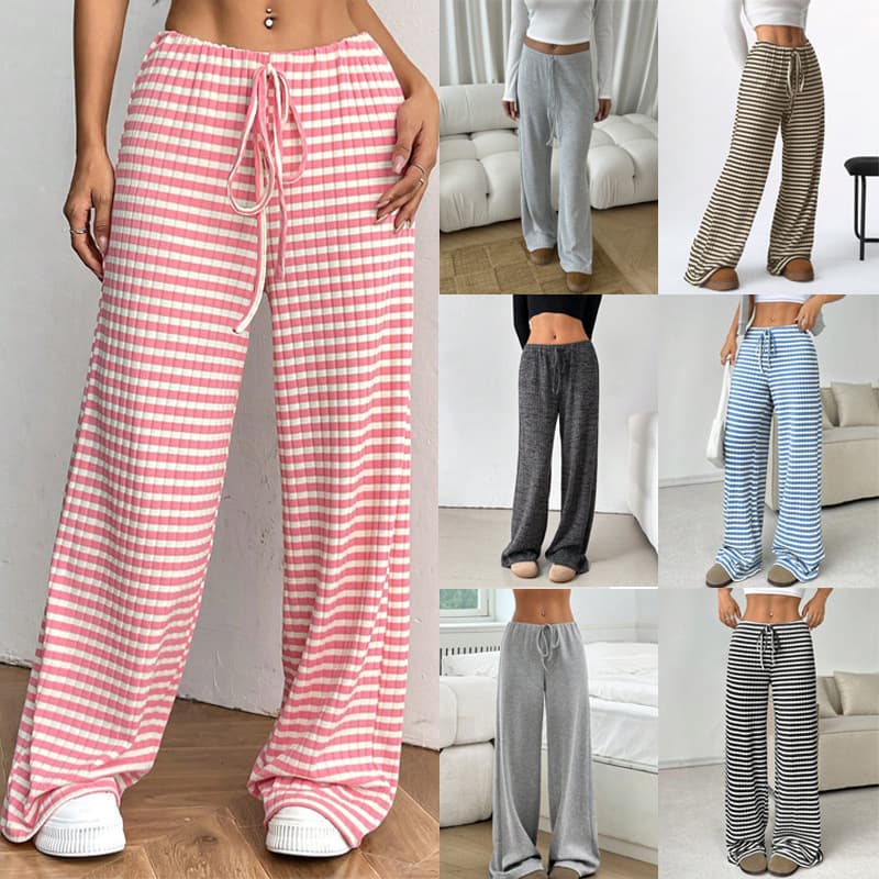 New 2025 Autumn Winter Women’s Pants, Casual Striped & Solid Design, Elastic Waist with Drawstring, Cotton Straight-Leg Trousers – Amazon Cross-Border Style thumbnail 2