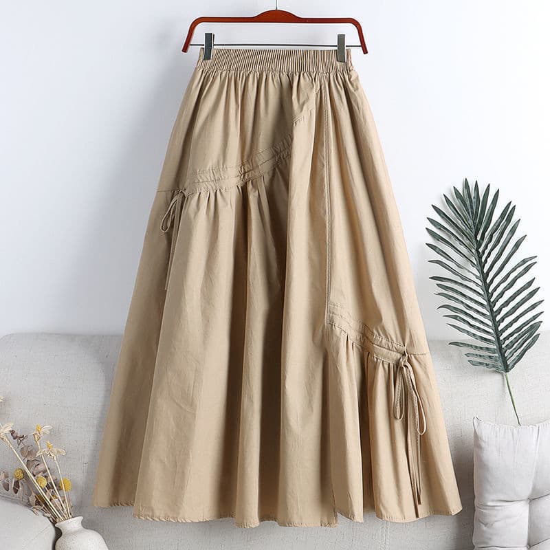 New Summer High-Waisted Slimming Skirt for Women, Asymmetrical Lace-Up Design, Midi Length A-Line Flared Skirt, Trendy Instagram Style - Image 1