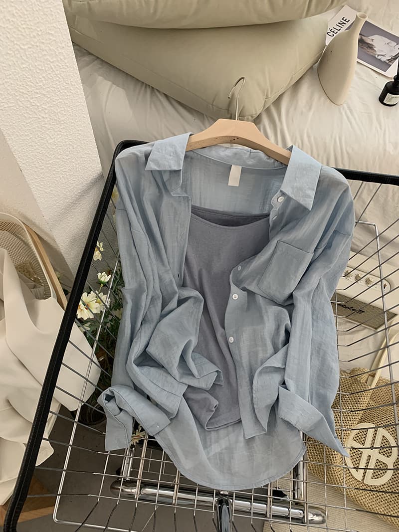 Women's Summer 2024 Lightweight Loose Solid Color Long Sleeve Lapel Shirt with Spaghetti Strap Camisole – Model 9456 thumbnail 2