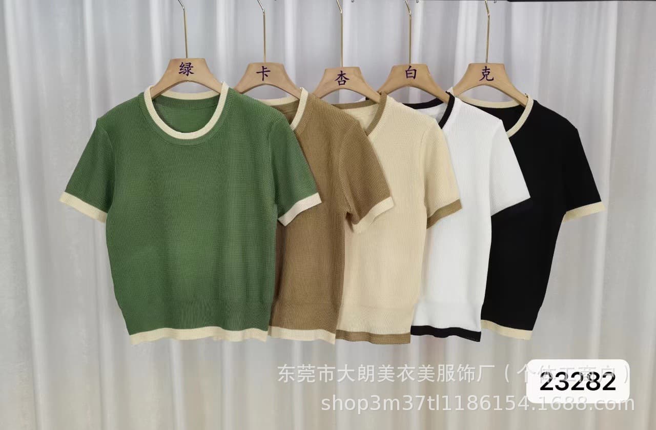 Summer 2025 Korean Style Women’s Knit Top, Short Sleeve Round Neck Contrast Color Slim Fit French Style Basic Shirt - Image 1