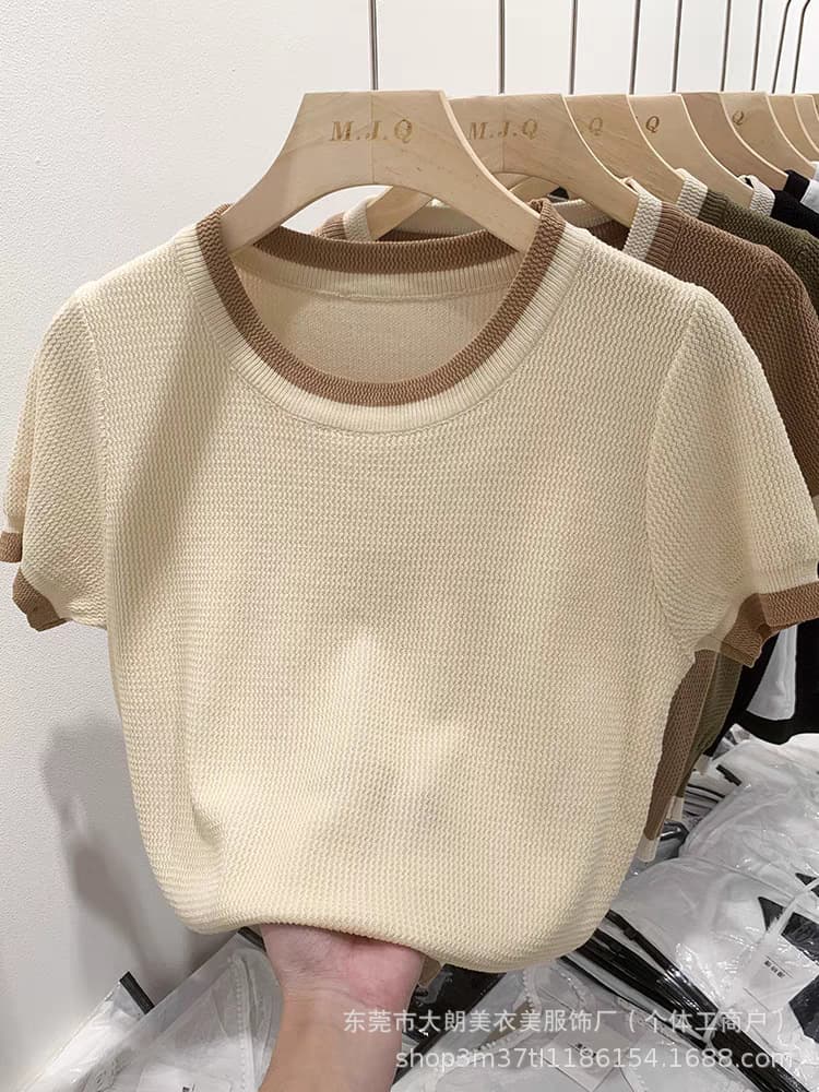 Summer 2025 Korean Style Women’s Knit Top, Short Sleeve Round Neck Contrast Color Slim Fit French Style Basic Shirt thumbnail 2