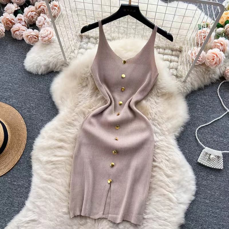  2025 New Summer Knitted Dress – Elegant Slim-Fit Sleeveless Button-Down Tank Dress with Side Slit, Perfect as a Basic or Layering Dress - Image 1