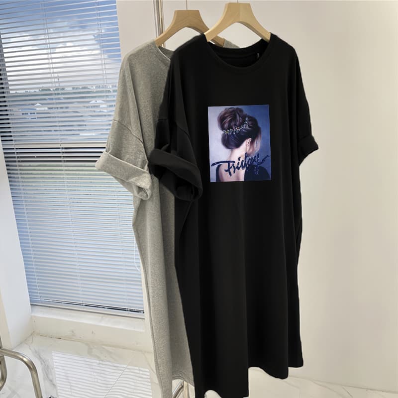 Women's Summer 2025 New Casual T-Shirt Dress, Loose Lazy Style, Plus Size, Mid-Long Printed Dress for Women thumbnail 2