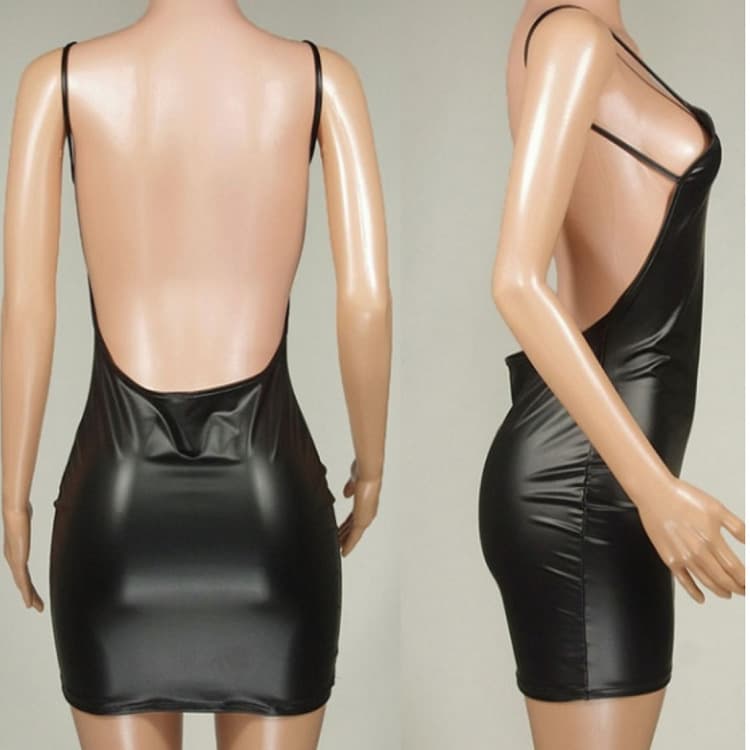 New Summer Shiny Faux Leather Backless Spaghetti Strap Bodycon Dress (High Stretch) - Image 1