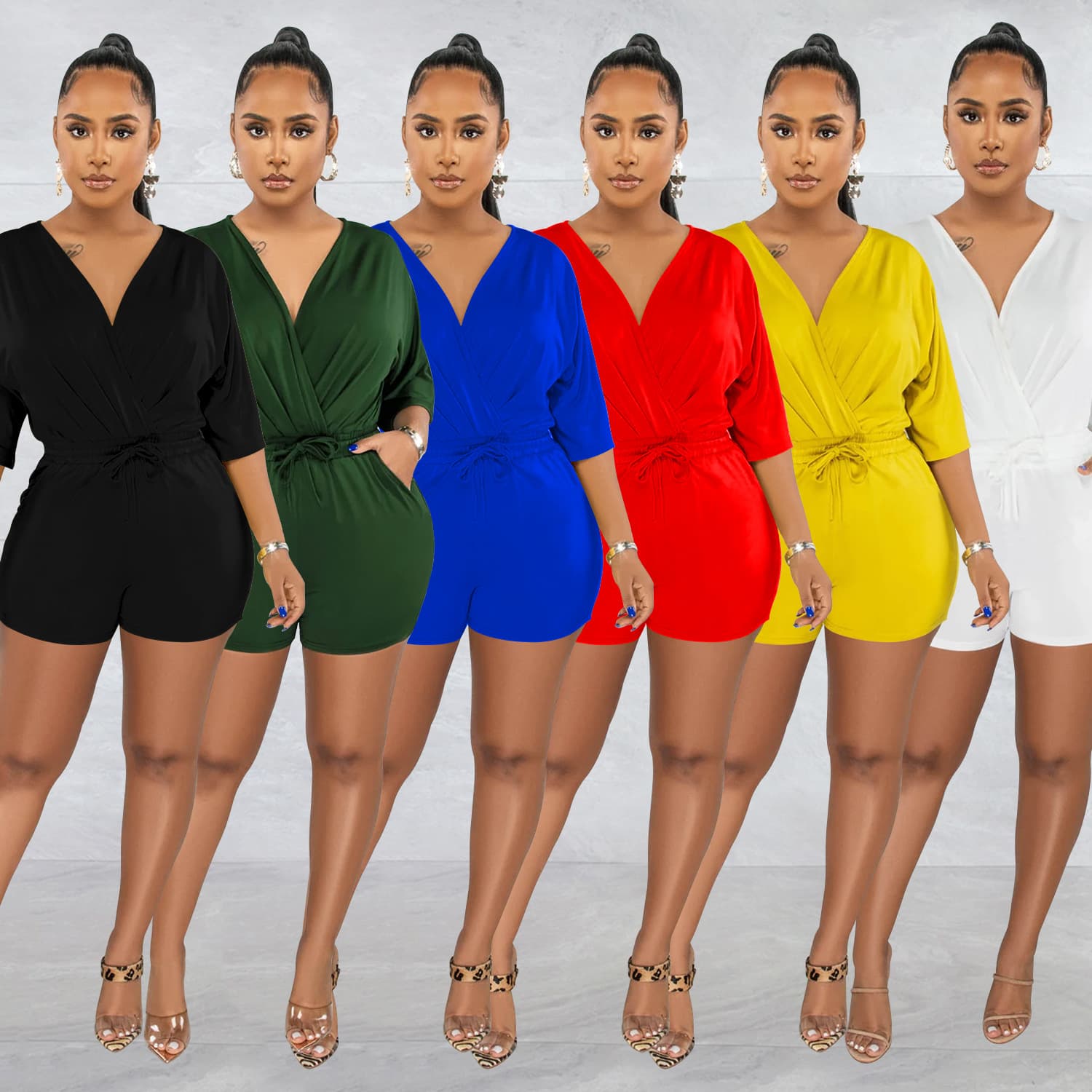 Women’s Fashion Tie-Waist V-Neck Mid-Sleeve Shorts Jumpsuit – European & American Style (Special Offer, No Return or Exchange) - Image 1