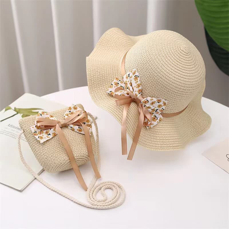 New Summer Kids Set: Straw Sun Hat with Matching Bag, Girls Beach Sun Protection Hat Set - Image 1
