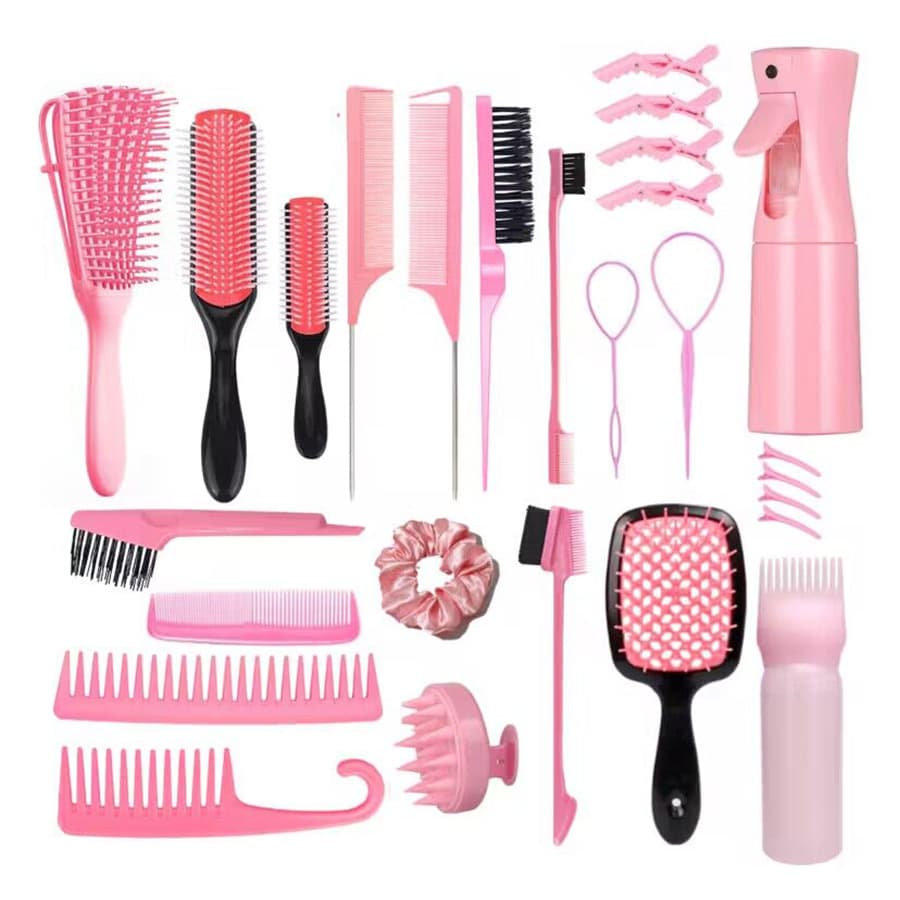 27PCS Hair Styling Set – Shampoo Brush, Scalp Massager, Spray Bottle, Refillable Containers, Hollow Comb & Detangling Styling Comb - Image 1
