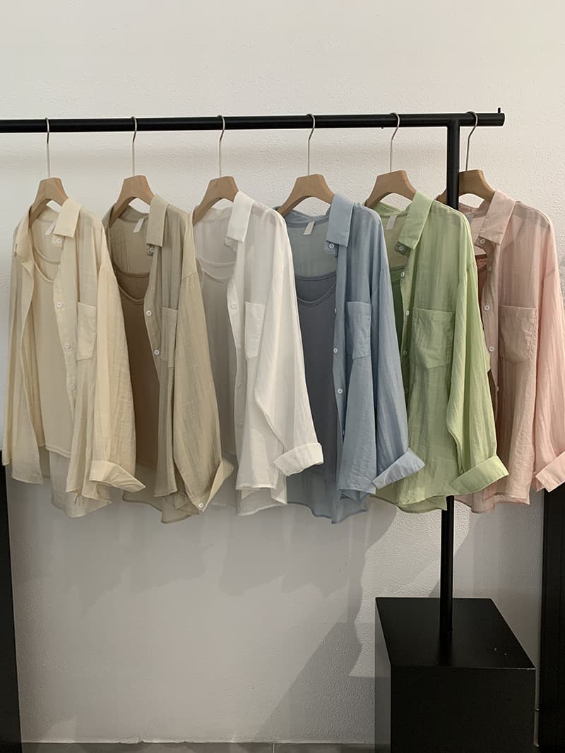 Women's Summer 2024 Lightweight Loose Solid Color Long Sleeve Lapel Shirt with Spaghetti Strap Camisole – Model 9456 - Image 1